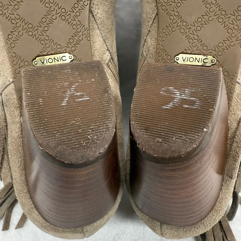Vionic‎ Suede Fringe Ankle Booties Western Accents Taupe Brown Women's Size 9